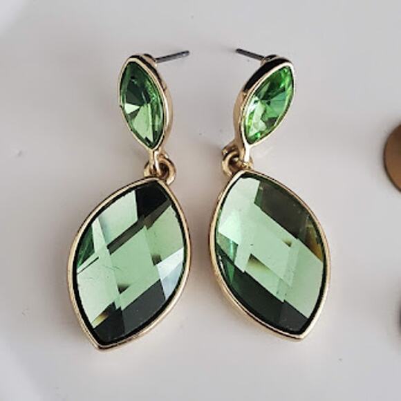 Monet Earrings Green Faceted Crystals in Gold Tone Setting 1 inch Drop from Stud - Picture 5 of 5